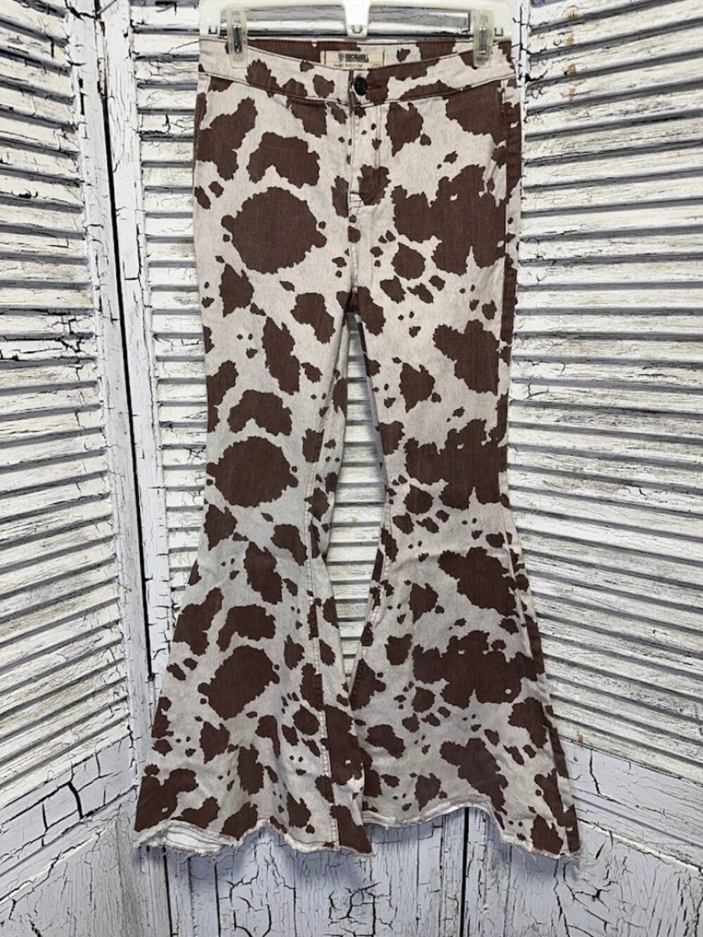 Rock & Roll Denim Brown/White Cow Print Bargain Button Bell Bottoms Size 27x32